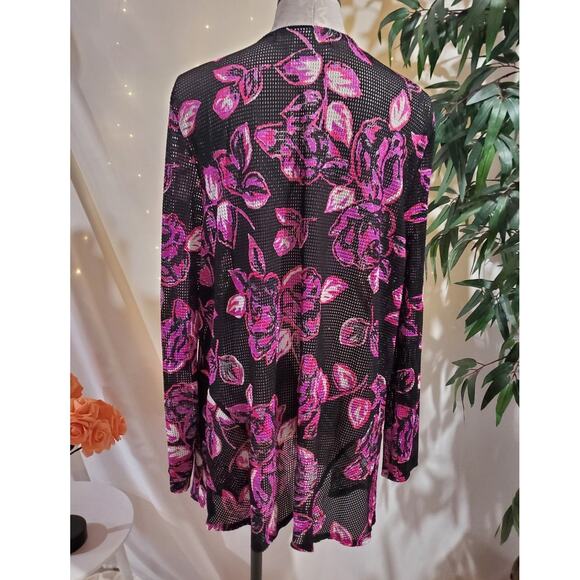 Aqua Blues Floral Sheer Mesh Open Asymmetrical Cardigan Topper Size 2X Beach - Picture 3 of 9